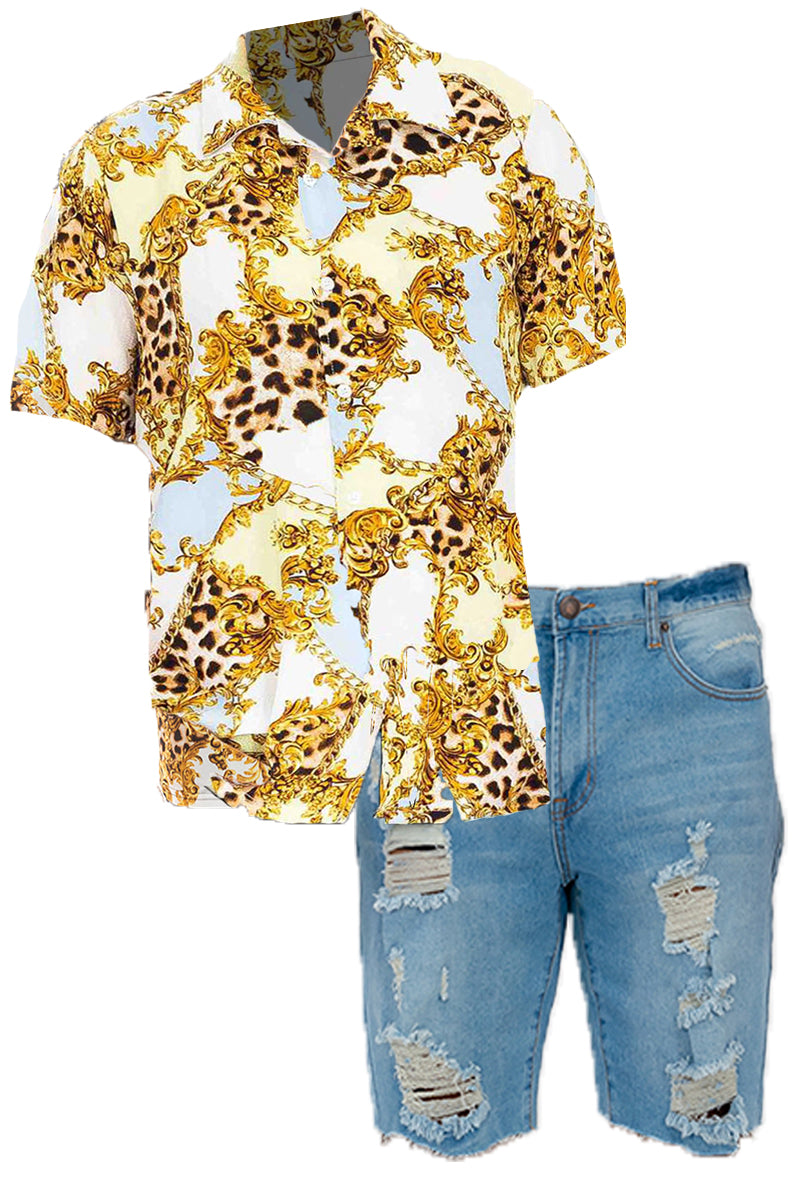 Cheetah Cuban Shirt and Denim Shorts