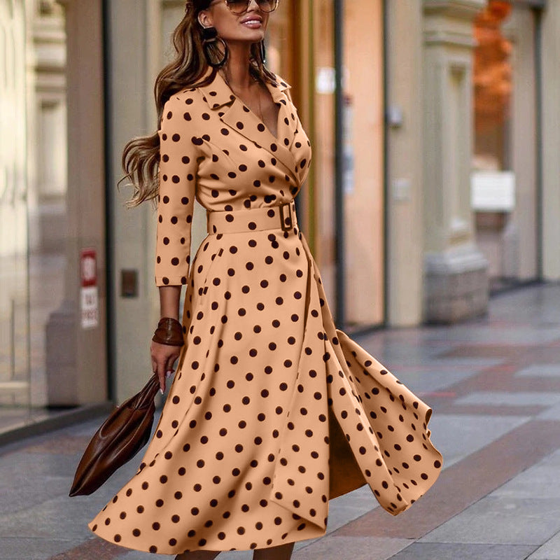 V-Neck Polka Dot Print Three-Quarter Sleeve Midi Dress