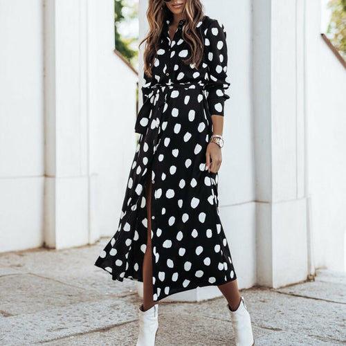 V-Neck Polka Dot Print Three-Quarter Sleeve Midi Dress