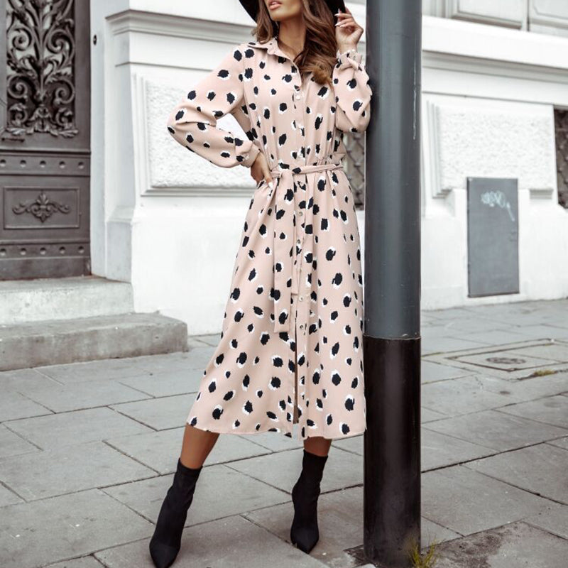 V-Neck Polka Dot Print Three-Quarter Sleeve Midi Dress