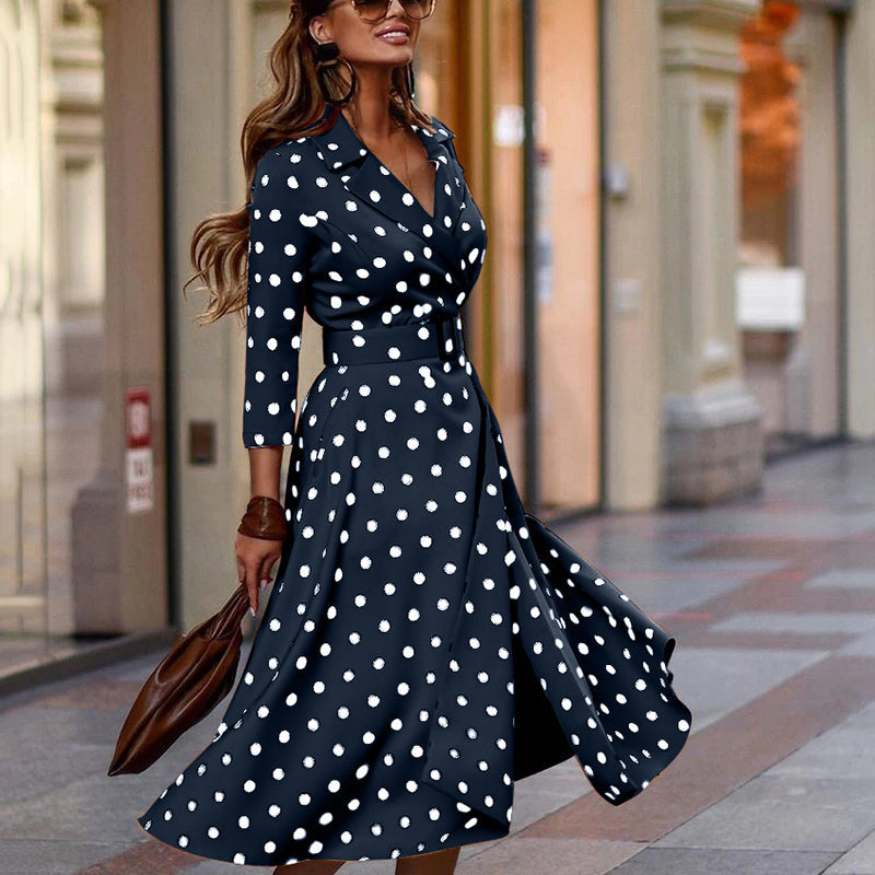 V-Neck Polka Dot Print Three-Quarter Sleeve Midi Dress