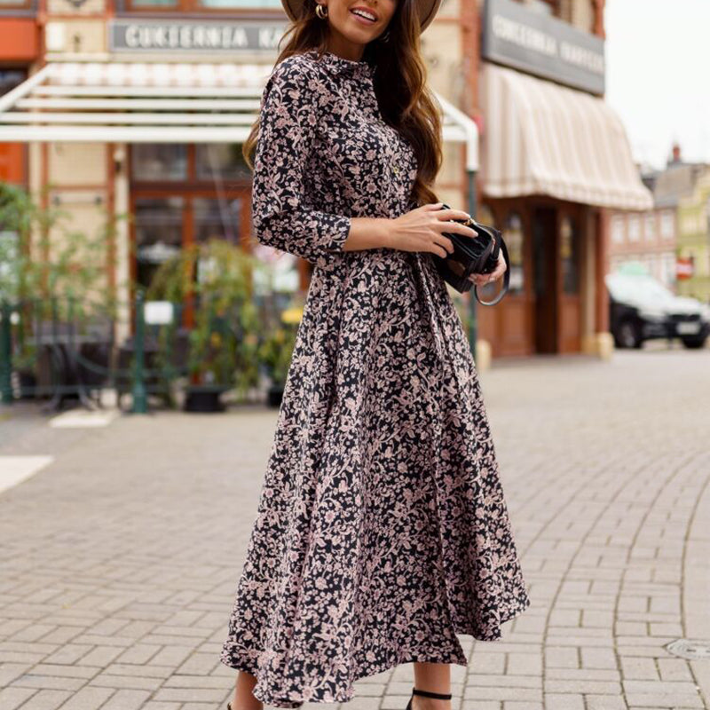 V-Neck Polka Dot Print Three-Quarter Sleeve Midi Dress