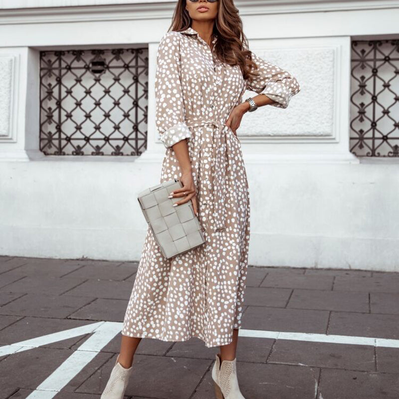 V-Neck Polka Dot Print Three-Quarter Sleeve Midi Dress