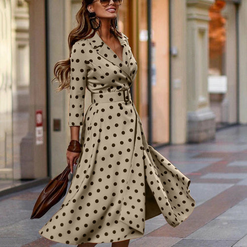 V-Neck Polka Dot Print Three-Quarter Sleeve Midi Dress