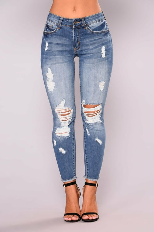 Women's Ripped Mid Rise Destroyed Skinny Jeans