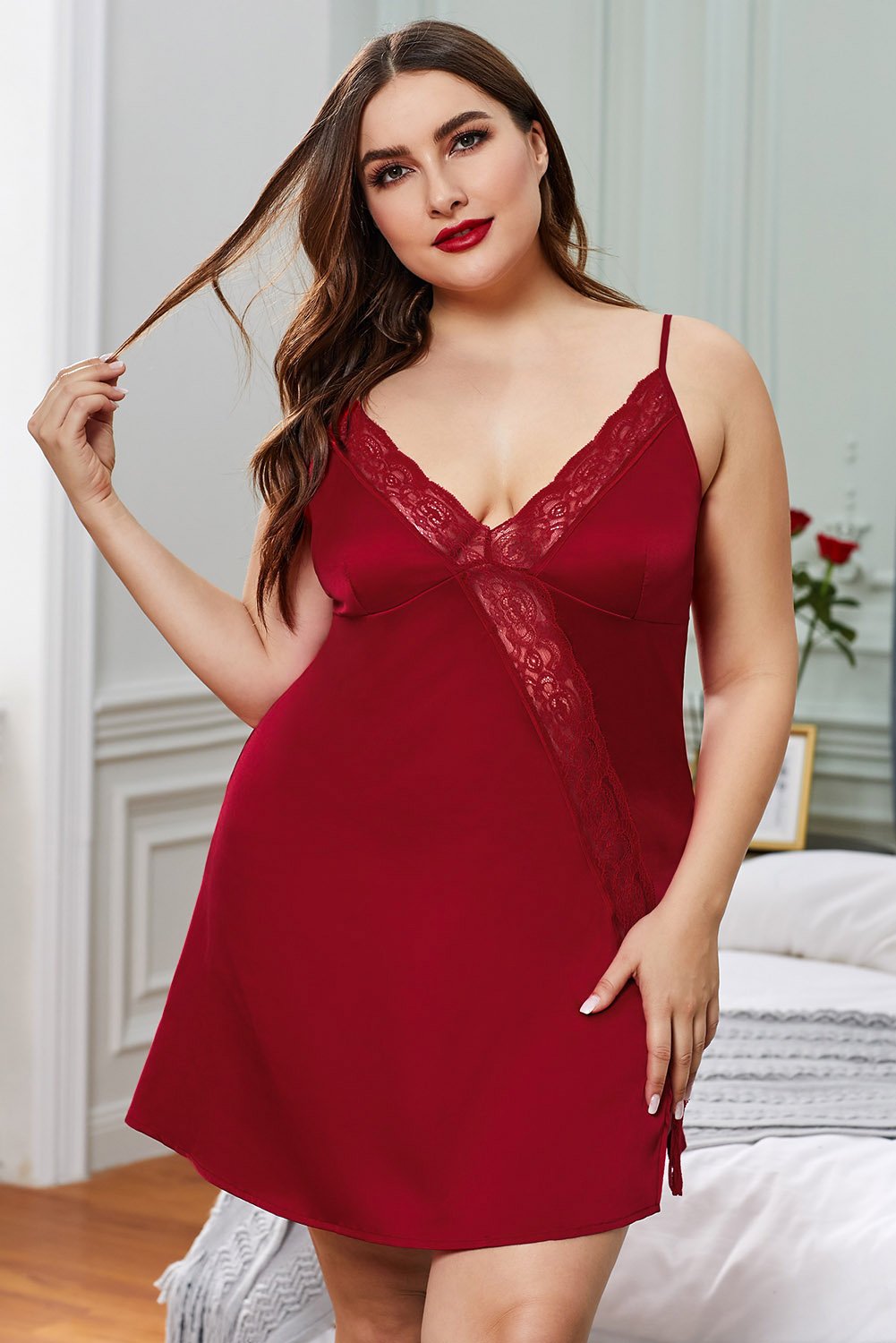 Red Lace Trim Valentine Plus Size Babydoll Dress