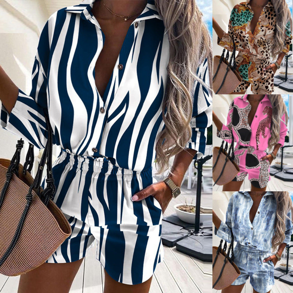 Print Two Piece Sets Turn Down Collar Shirt Top Short Pant Suit