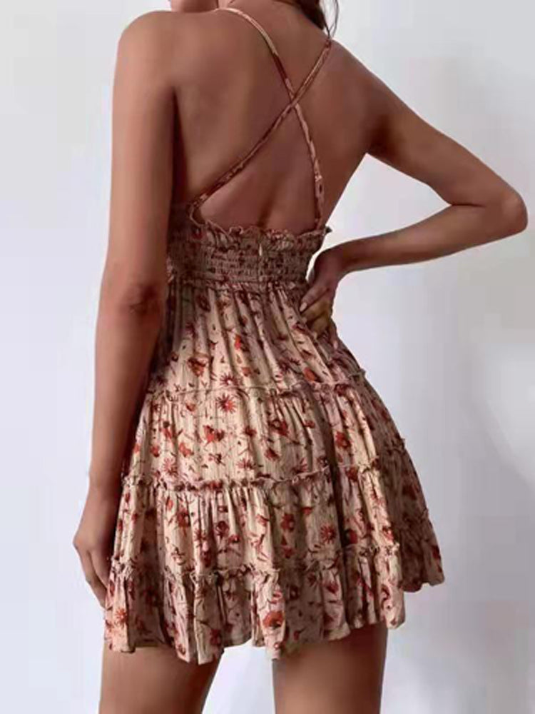 Ruffle Floral Print Boho Short Dress Summer Backless Suspenders Mini