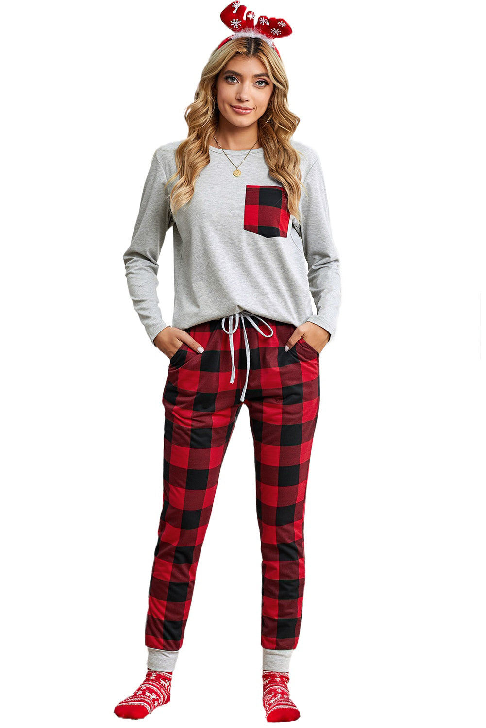 Gray Red Plaid Drawstring Loungewear Set with Pocket