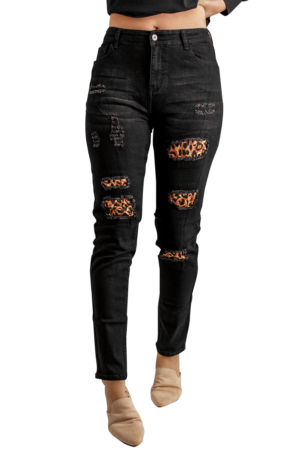 Fashion Black Ripped Leopard Patch Pocket High Waist Skinny Jeans