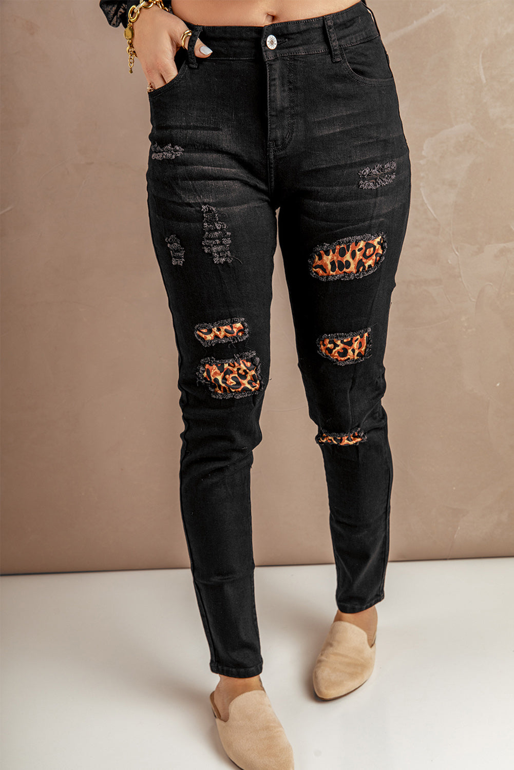 Fashion Black Ripped Leopard Patch Pocket High Waist Skinny Jeans