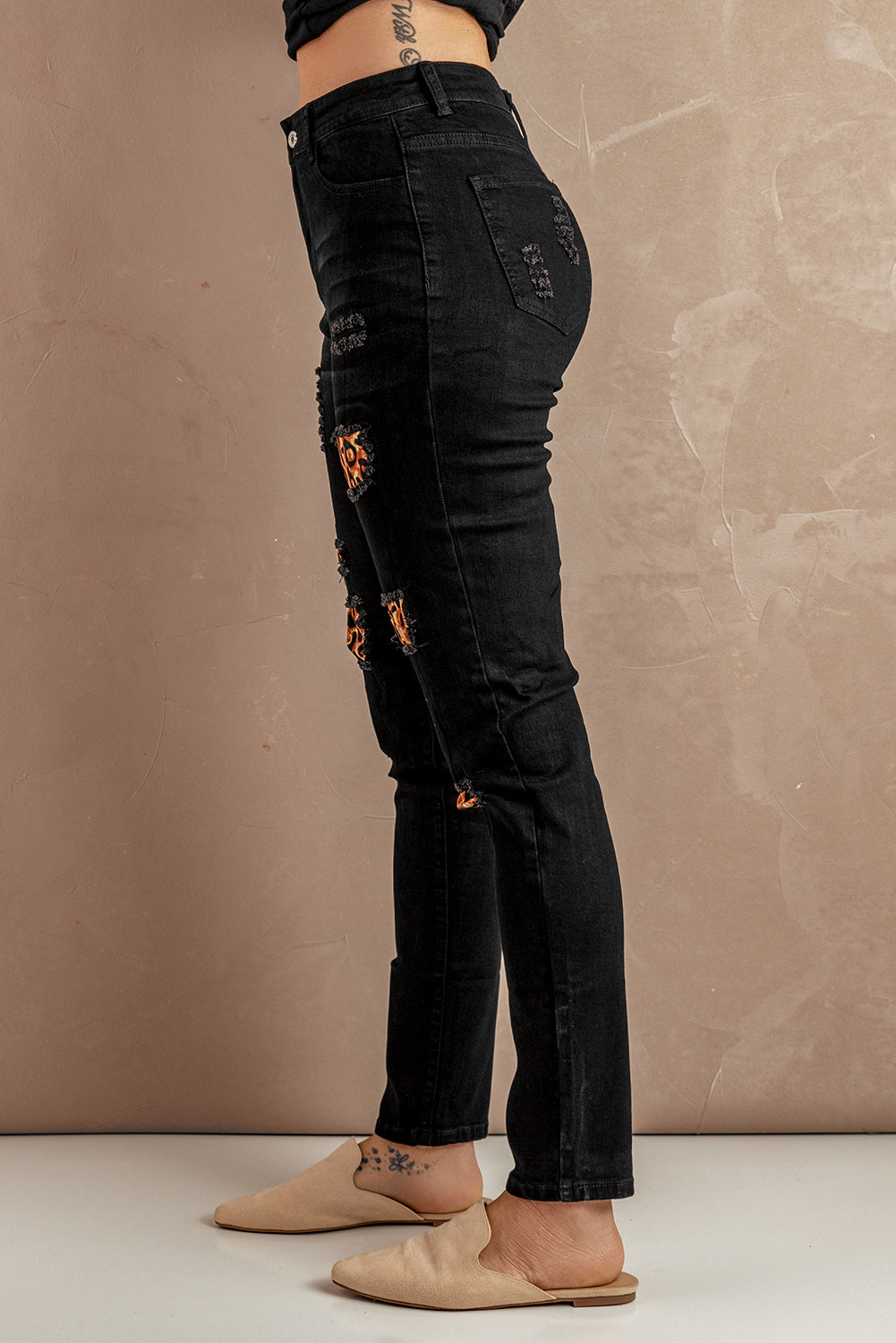 Fashion Black Ripped Leopard Patch Pocket High Waist Skinny Jeans