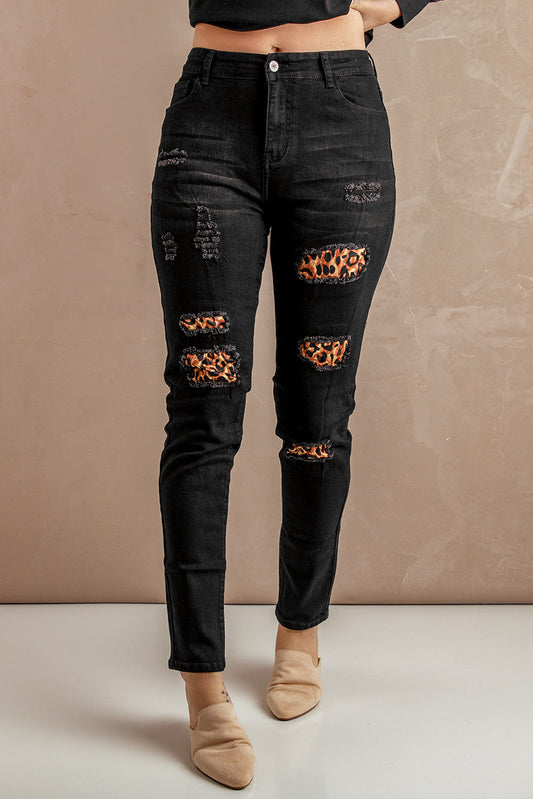 Fashion Black Ripped Leopard Patch Pocket High Waist Skinny Jeans