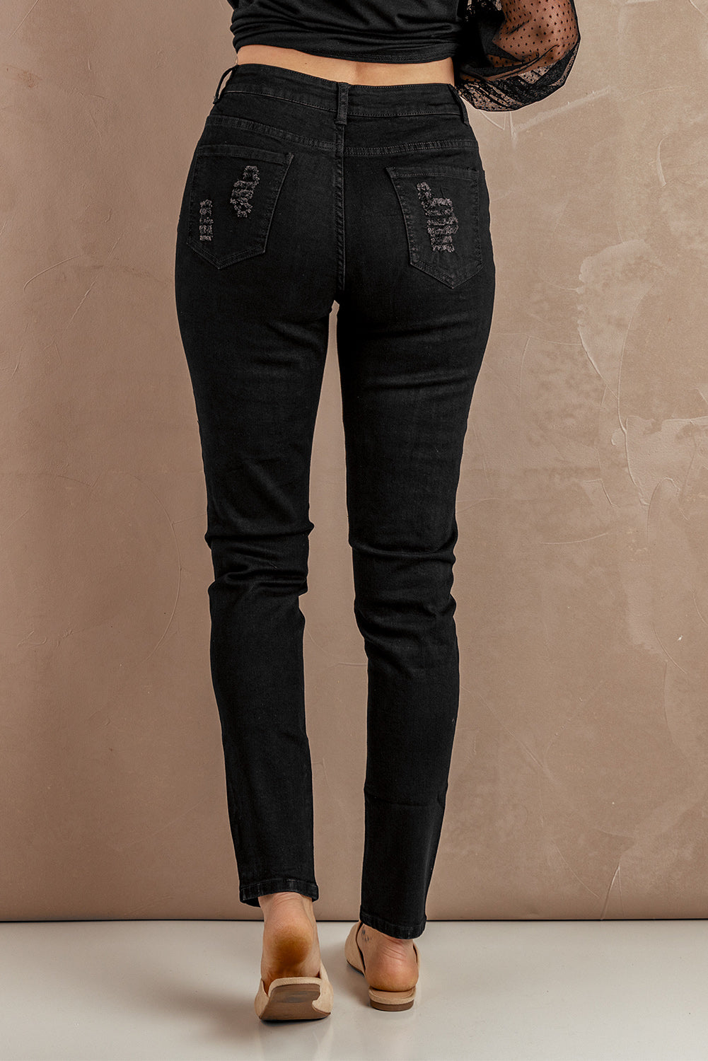 Fashion Black Ripped Leopard Patch Pocket High Waist Skinny Jeans