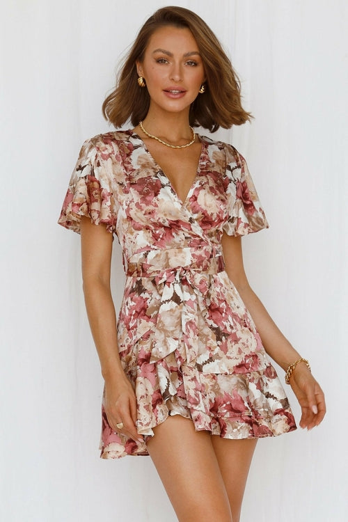 Women's Floral Tie Front Ruffle Mini Dress