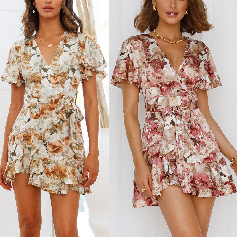 Women's Floral Tie Front Ruffle Mini Dress