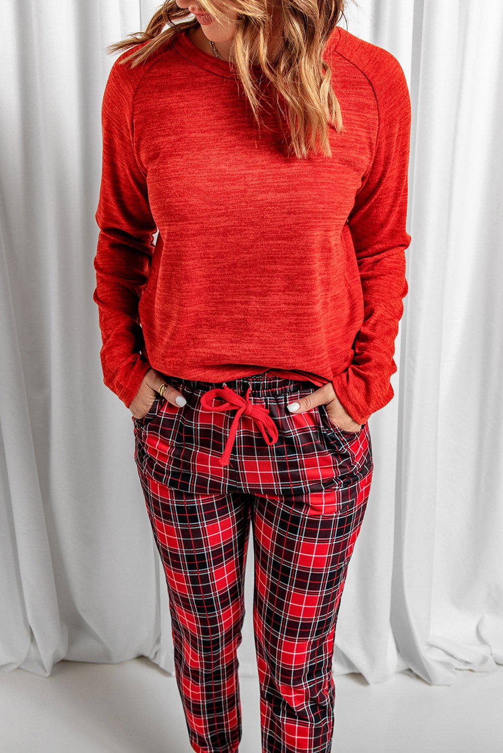 Red Top and Plaid Pants Loungewear