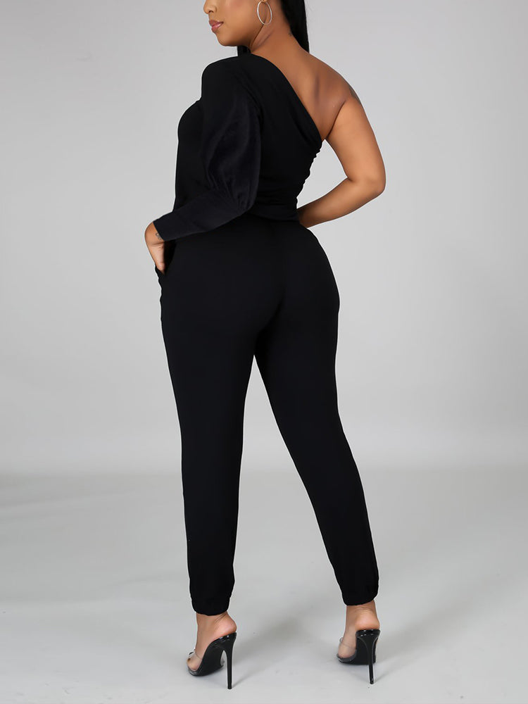 Women Long Sleeve One Shoulder Slim Jumpsuit