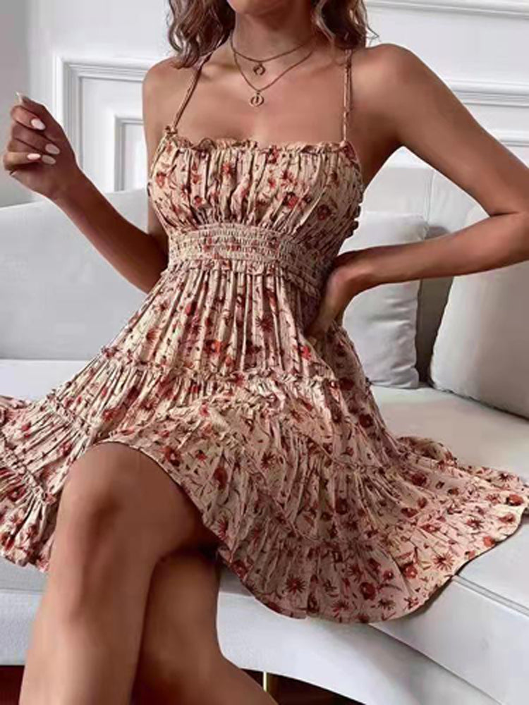 Ruffle Floral Print Boho Short Dress Summer Backless Suspenders Mini