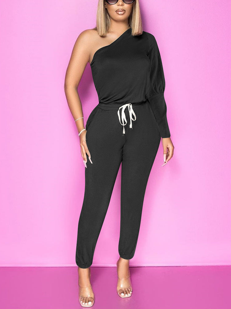 Women Long Sleeve One Shoulder Slim Jumpsuit