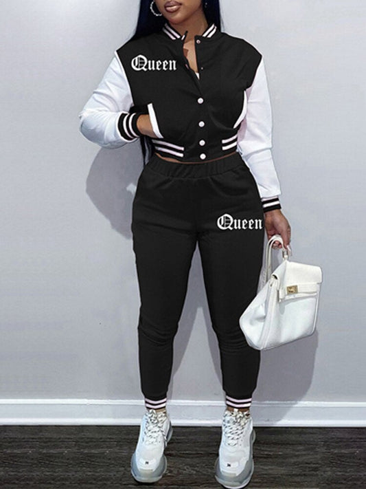 Letter Print Baseball Uniform Women Sets Button Cardigan Pencil Pants