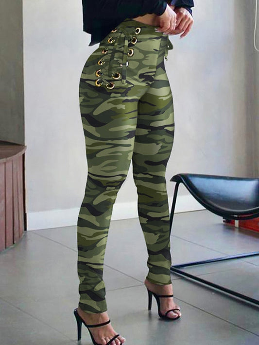 Camouflage Print Long Trouser High Waist Side Eyelet Tie Leggings