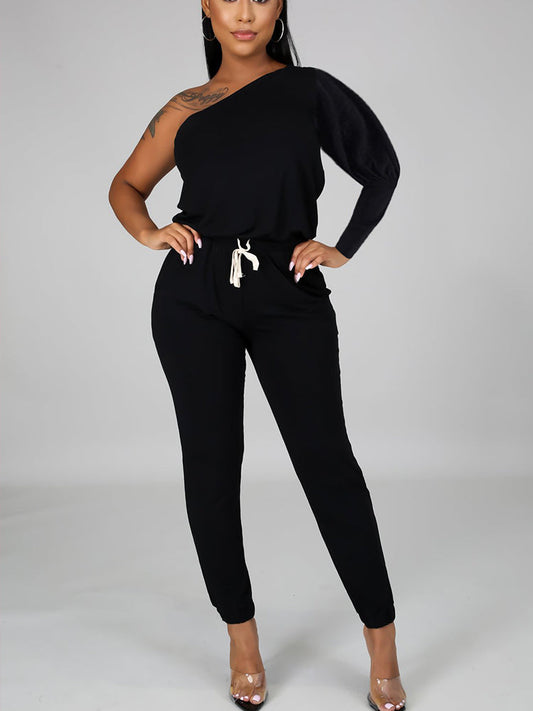 Women Long Sleeve One Shoulder Slim Jumpsuit