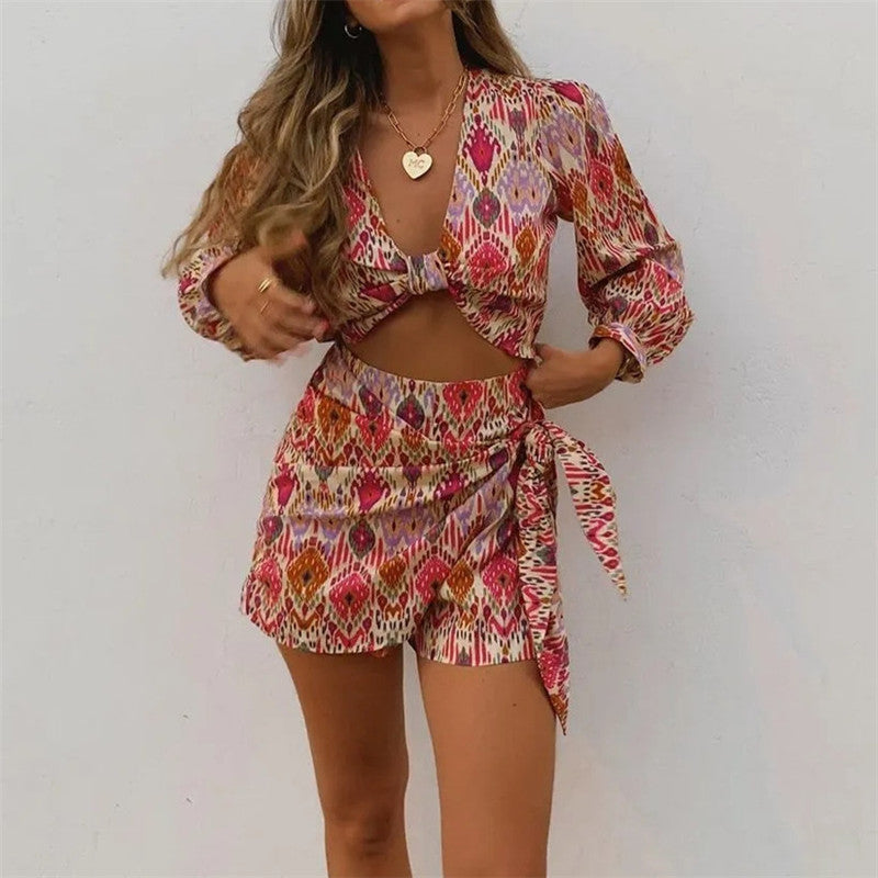 Print Skirt Shorts Woman Floral Top Long Sleeve Knot Crop Top Suits