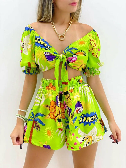 Print Crop Tops Suits  V Neck Two Piece Outfits Casual Short Sleeve