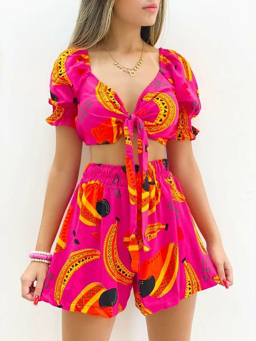 Print Crop Tops Suits  V Neck Two Piece Outfits Casual Short Sleeve