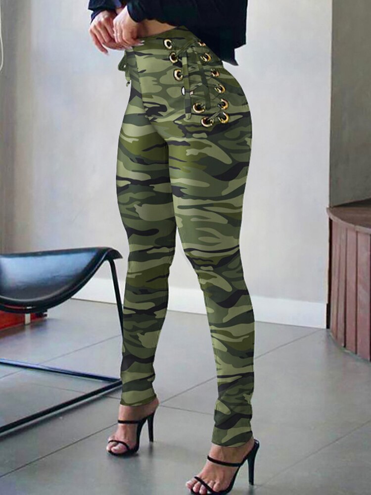 Camouflage Print Long Trouser High Waist Side Eyelet Tie Leggings