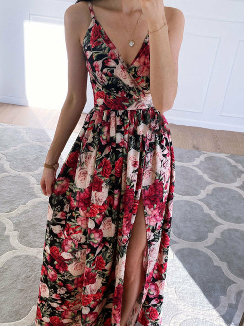 Deep V Neck Sling Floral Print Beach Dress