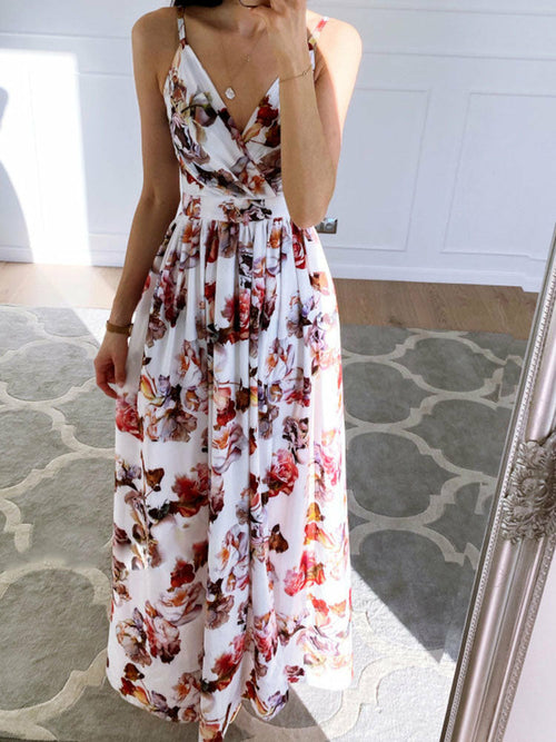 Deep V Neck Sling Floral Print Beach Dress