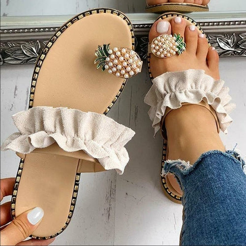 Women Slipper Pineapple Pearl Flat Toe Bohemian Casual Shoes Beach