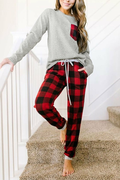 Gray Red Plaid Drawstring Loungewear Set with Pocket