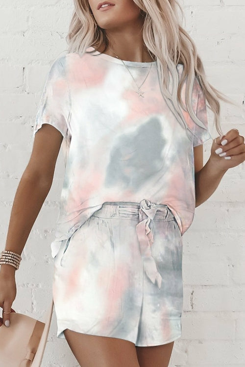 Gray Tie Dye Short Sleeve Tee And Shorts Set