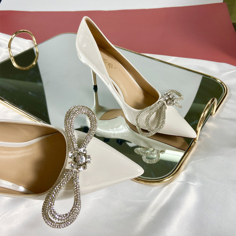 New pointed rhinestone bow high heels women's banquet wedding shoes