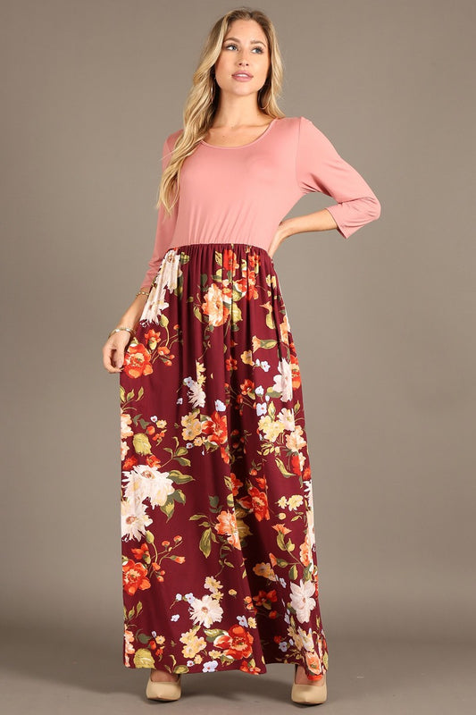 1296 Maxi dress,round neck,elastic waist,3/4 sleeve,side pocket.