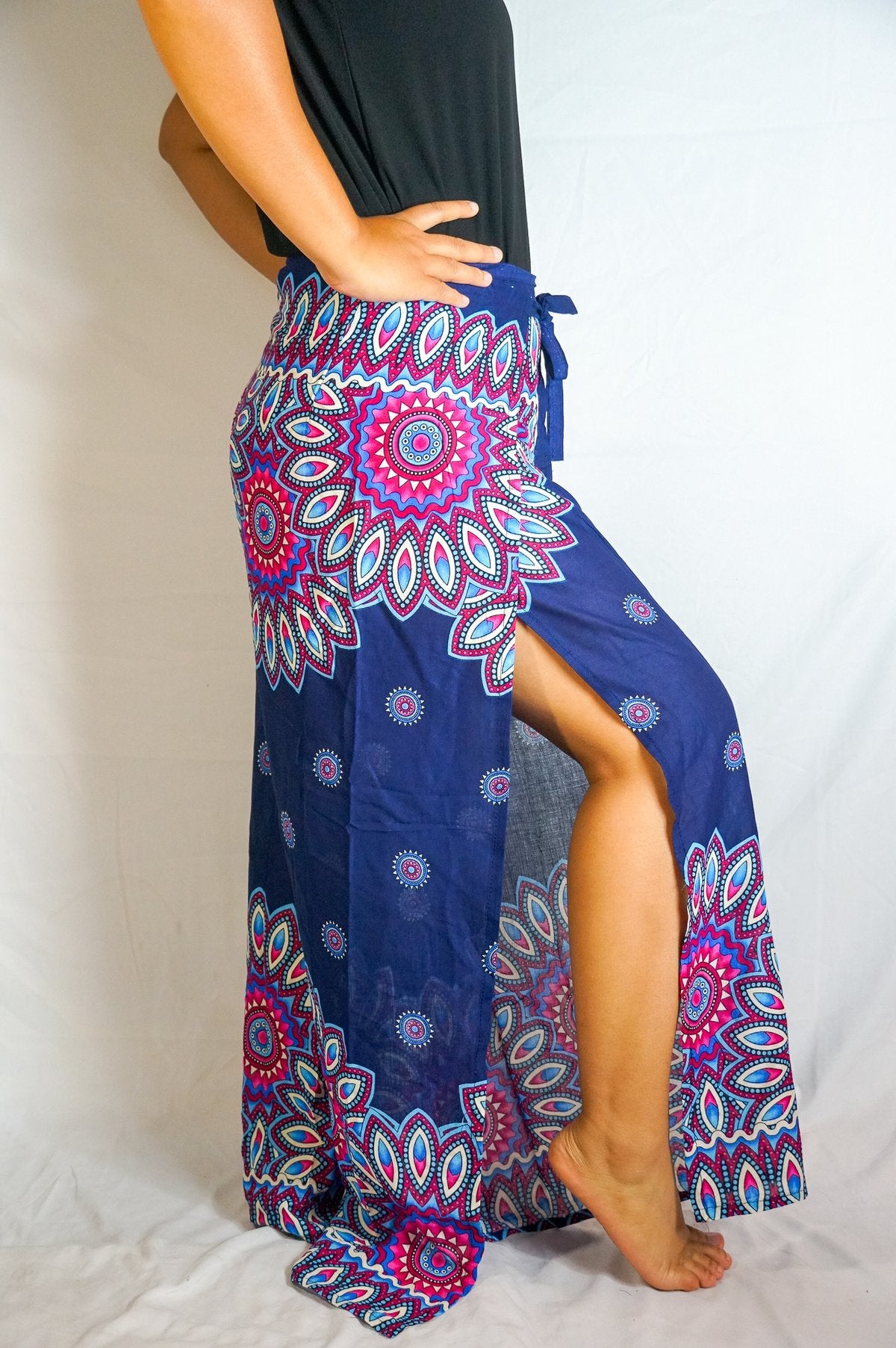 Blue Floral Palazzo Wrap Pants, Hippie Pants, Boho Harem Flow Pants