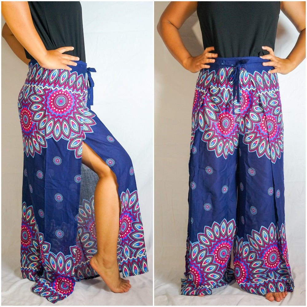 Blue Floral Palazzo Wrap Pants, Hippie Pants, Boho Harem Flow Pants