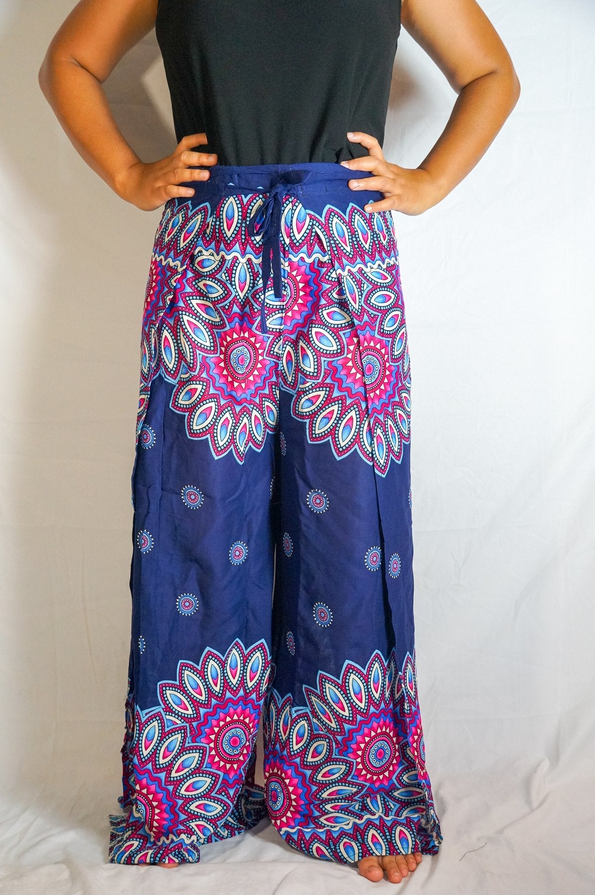 Blue Floral Palazzo Wrap Pants, Hippie Pants, Boho Harem Flow Pants