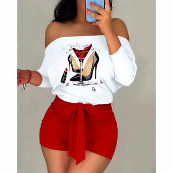 Wine Glass Print Colorblock Off Shoulder One Piece Romper