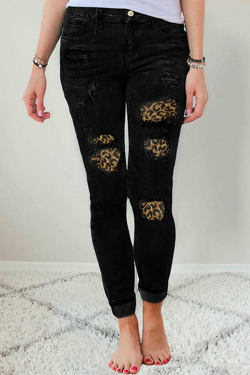 Fashion Black Ripped Leopard Patch Pocket High Waist Skinny Jeans