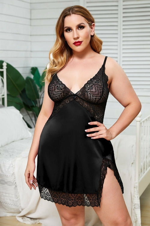 Black Satin Lace Splicing Spaghetti Straps Backless Plus Size Lingerie