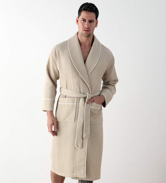 Men's Beige Luxury Long Waffle Bathrobe