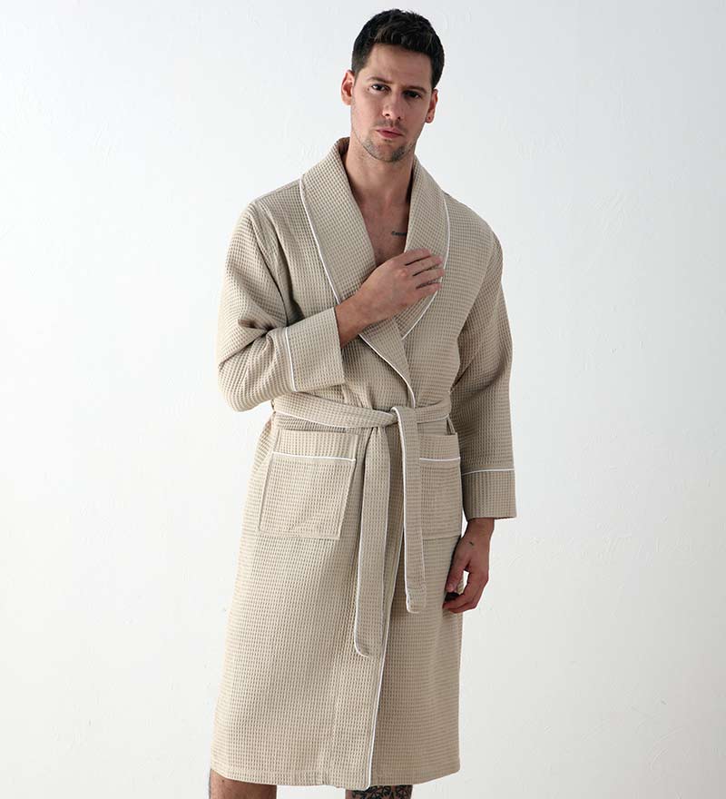 Men's Beige Luxury Long Waffle Bathrobe