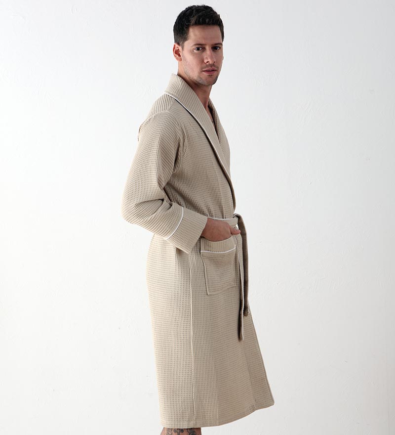 Men's Beige Luxury Long Waffle Bathrobe