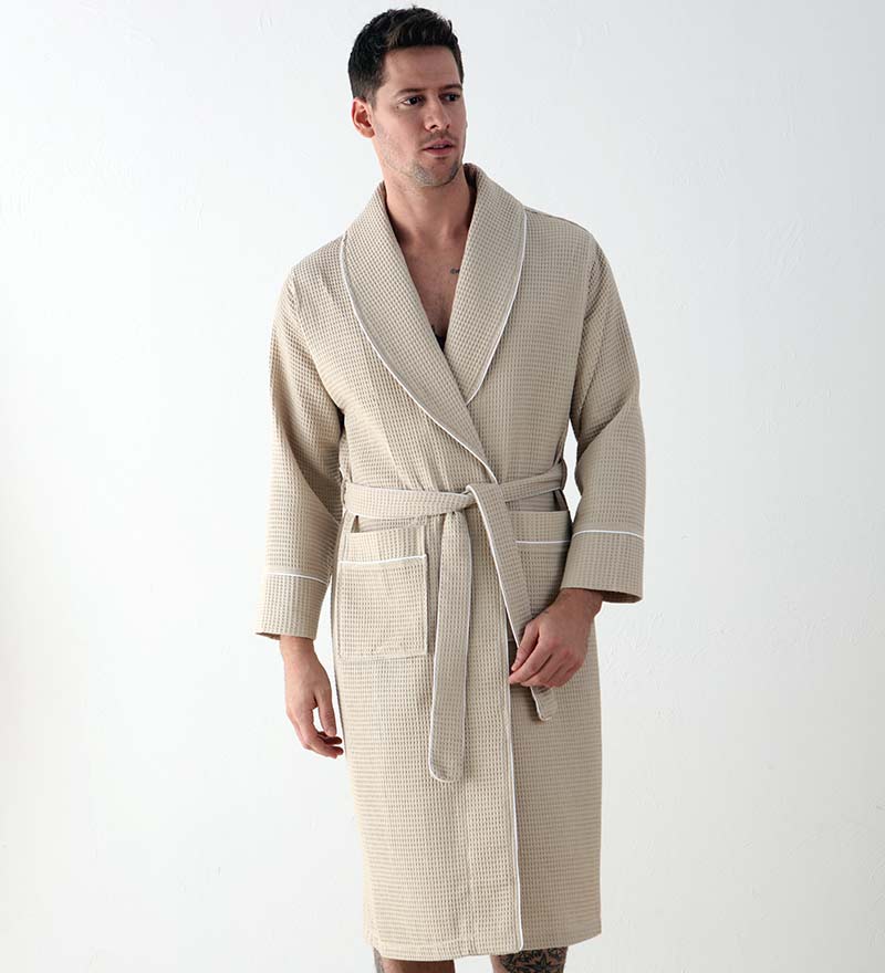 Men's Beige Luxury Long Waffle Bathrobe