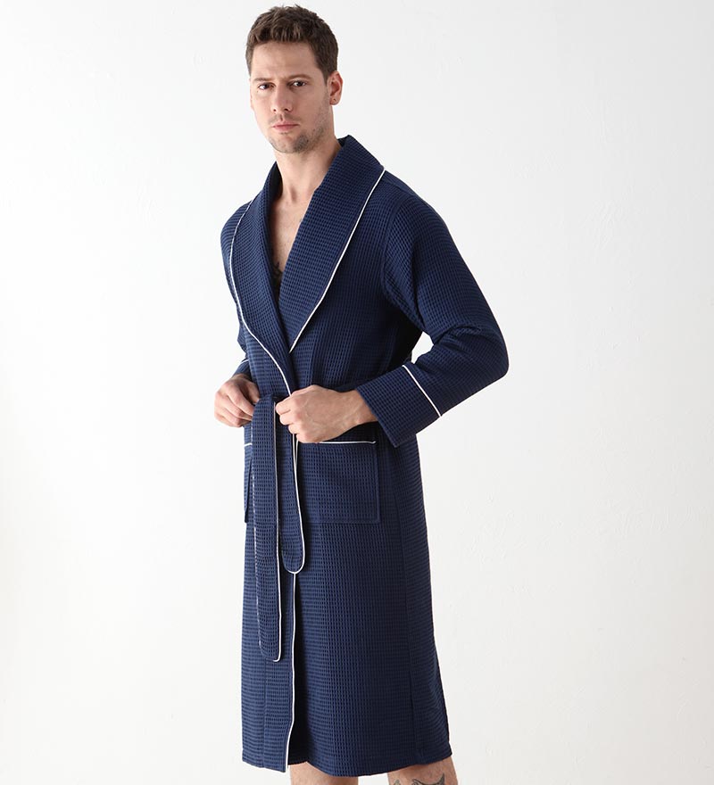 Men's Navy Luxury Long Waffle Bathrobe