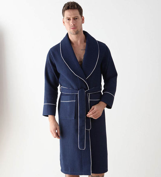 Men's Navy Luxury Long Waffle Bathrobe